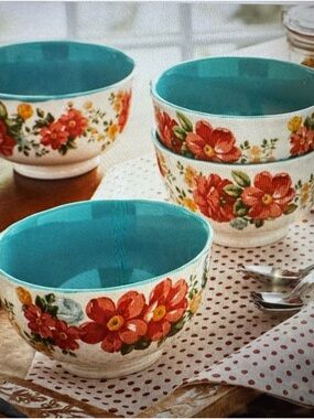 Pioneer woman Vintage Floral Footed Bowls Turquoise Interior - Set of 4